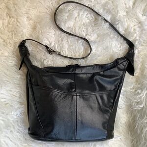 Triple K black leather crossbody or shoulder bag hobo biker
